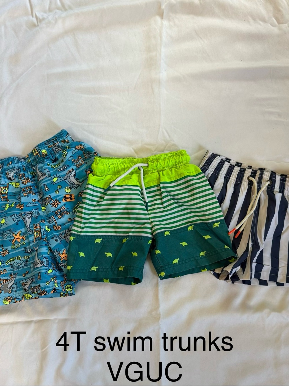 Green Striped & Turtle Print Kids Swim Trunks - 4T